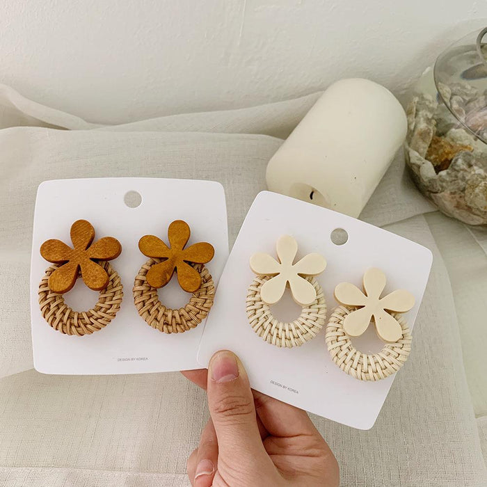 Wooden Flowers Exaggerated Temperament Rattan Long Earrings Jewelry