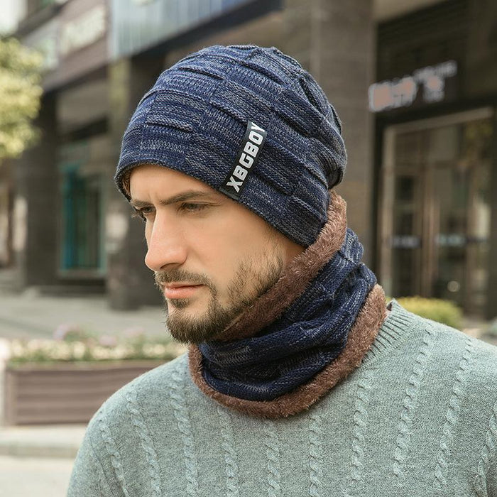 Men's Winter Knitted Pullover Wool Hat Scarf Set