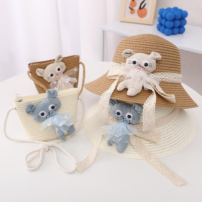 Summer Trendy Lace Cat Children's Grass Bucket Hat Bag Set