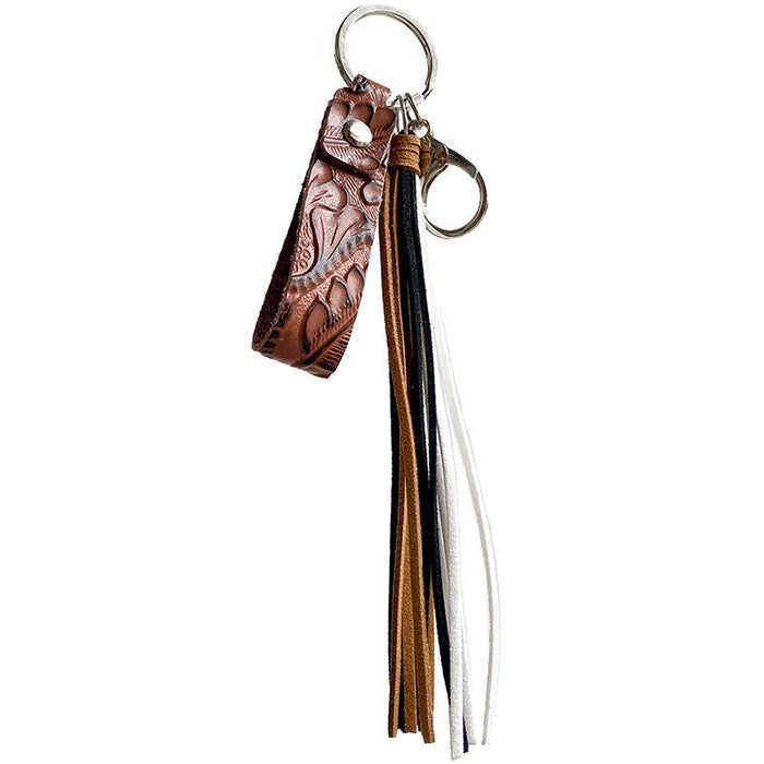 Vintage Embossed Leather Key Chain Tassel Handmade Pendant