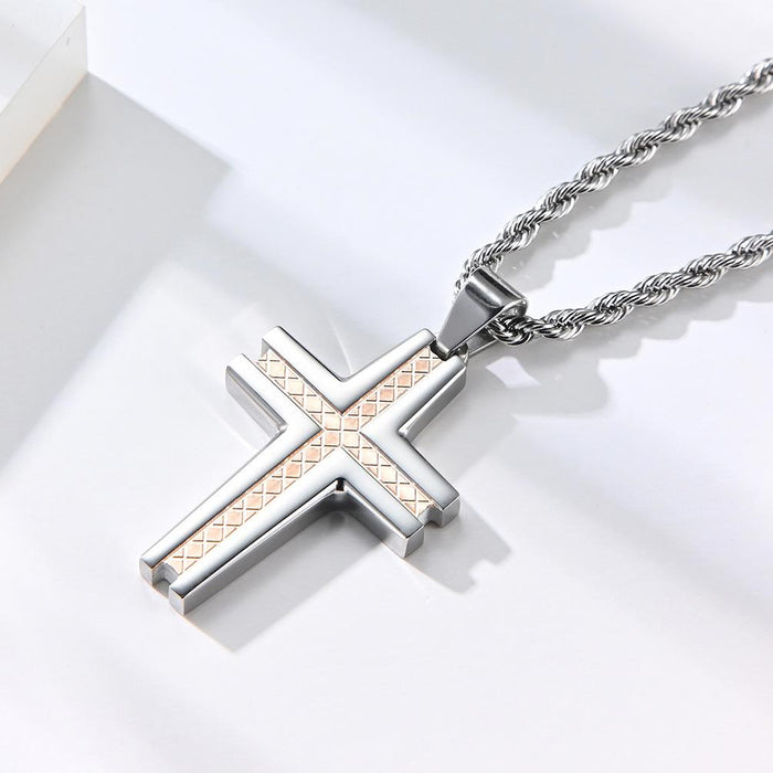 Carved Checkered Polished Stainless Steel Cross Necklace