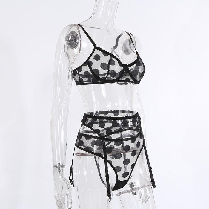 Sexy Mesh Lingerie Fashion Dot Underwear Three-piece Set