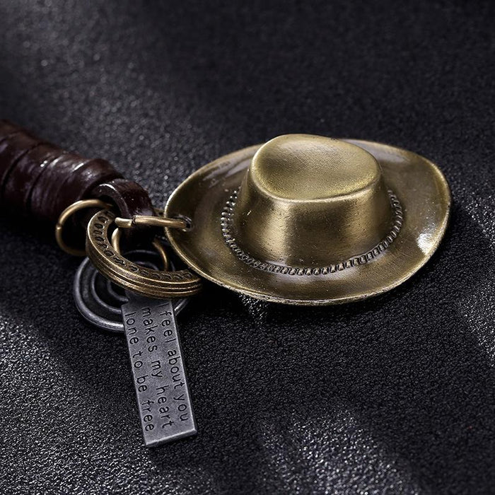 Vintage cowboy hat leather key chain creative small gift hand woven car key pendant
