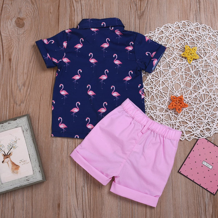 Boys' printed short sleeved Lapel shirt Shorts Set