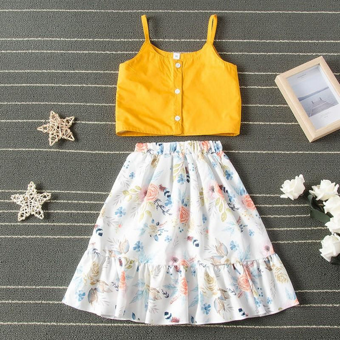Suspender top floral skirt two-piece set personality irregular skirt middle girl suit