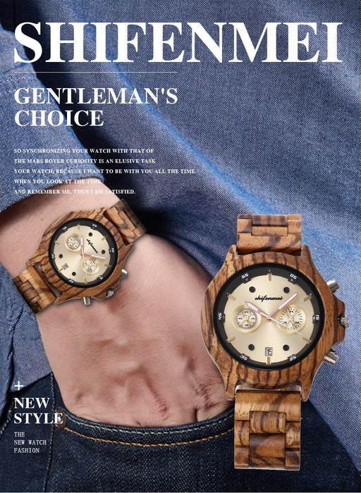 Classic Double Eye Wooden Business Quartz Watch