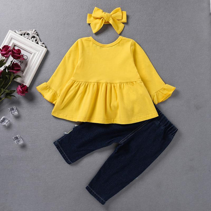 Solid colour long sleeved shirt sun printed denim perforated pants hair band three piece set