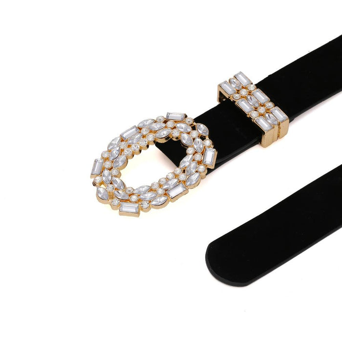 Hollow out alloy diamond studded belt snap suede belt