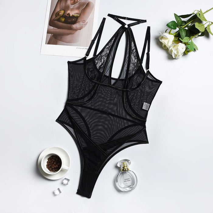 Women's Sexy Mesh Slim Lingerie Halter Bodysuit