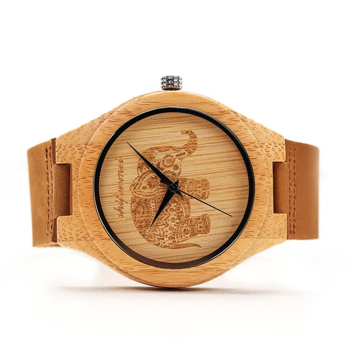 Men's Fashion Simple Bamboo Wood Watch Classic Leather Strap Quartz Watch