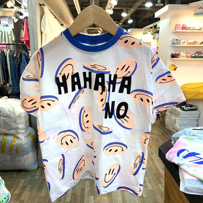 Children's short sleeved smiling face full printed T-shirt 3-8 years old round neck