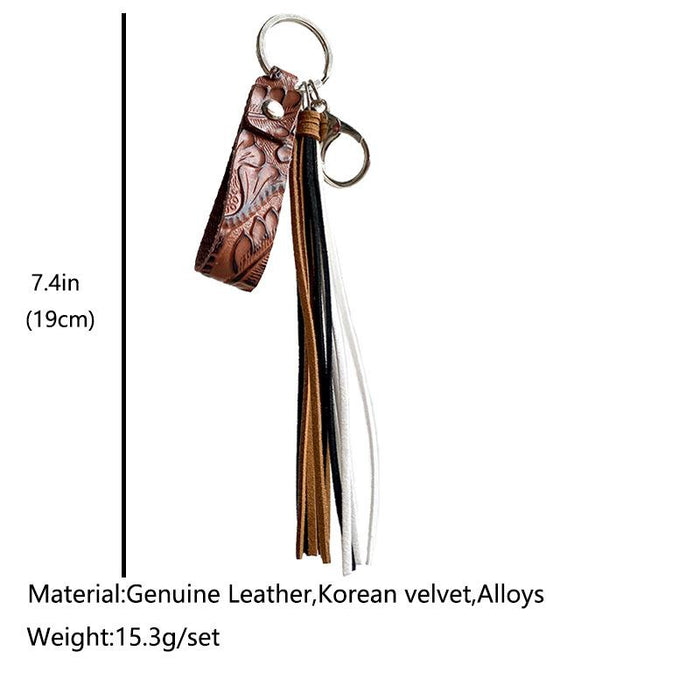 Vintage Embossed Leather Key Chain Tassel Handmade Pendant