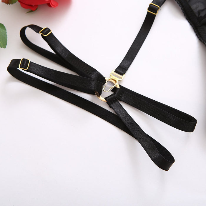 Women Black Hollow Mesh Underwear Sexy Lingerie Set