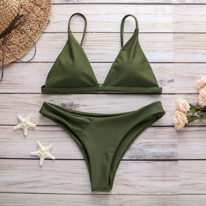 Sexy Split Solid Color Swimsuit Bikini Set