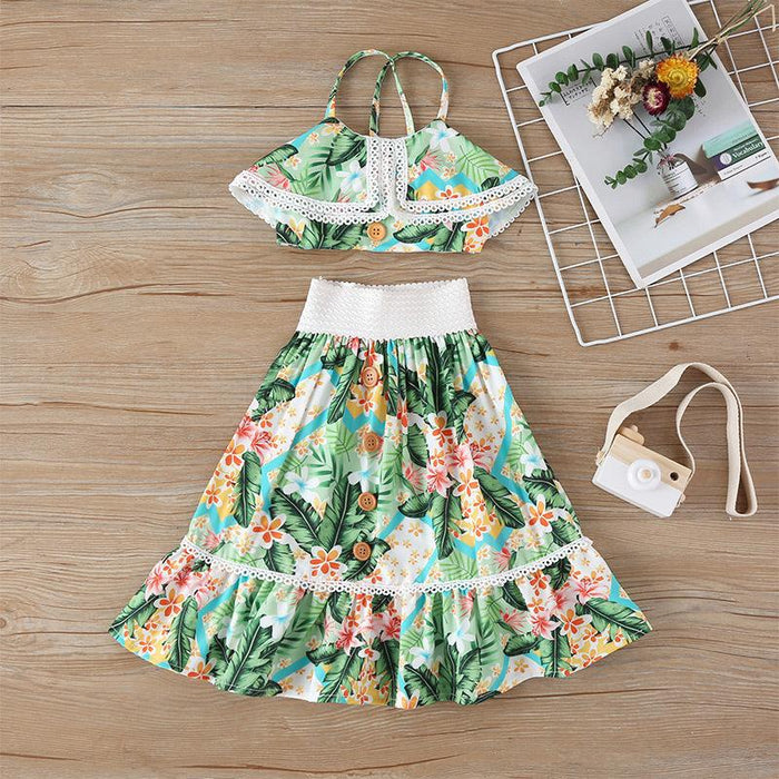 Suspender cross strap jacket flower skirt two pieces