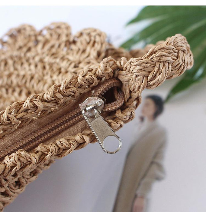 Summer Straw Solid Color Oval Zipper Crossbody Bag