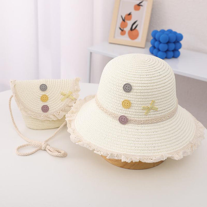 Trendy Three-color Button Children's Lace Straw Hat Bag Set