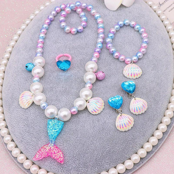 Children's Beauty Fishtail Pearl Necklace Bracelet Ring Earring Set