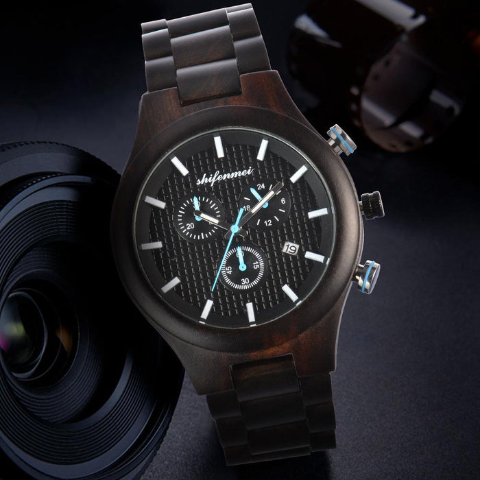 Classic Fashion Multifunctional Waterproof Three Eye Wooden Quartz Watch