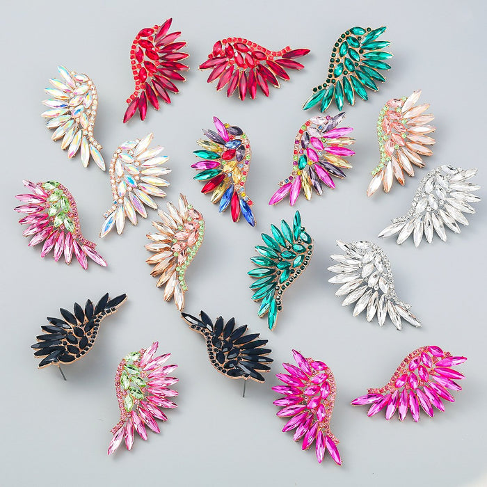 Women's Colored Rhinestone Fan-shaped Wing Earrings