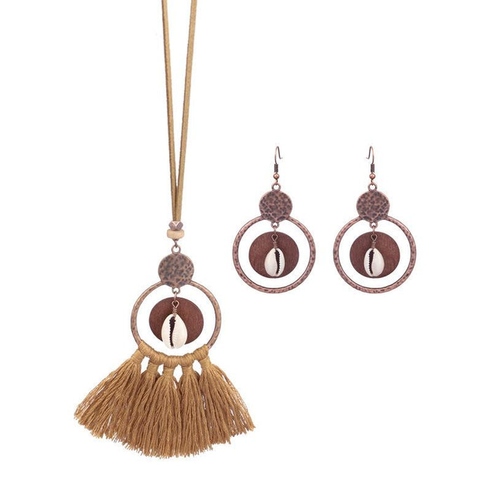 Women's Fashion Hollow Out Tassel Pendant Earring Necklace Set