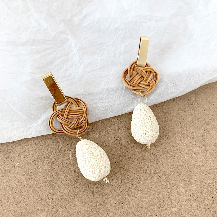 Temperament Knotted Rattan Long Volcanic Stone Earrings Jewelry