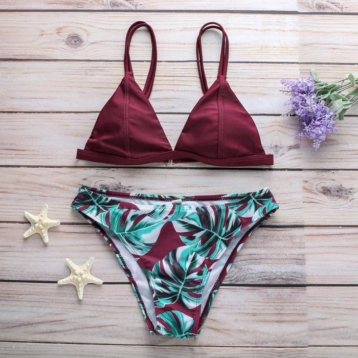 Sexy Green Leaf Printed Beach Split Swimsuit Bikini Swimsuit