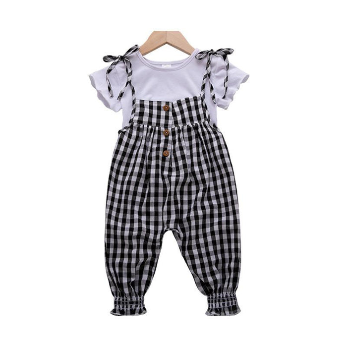 White T-shirt + Plaid suspender pants two-piece children's set