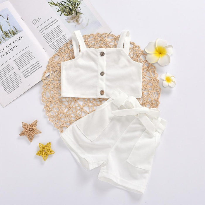 Suspender sleeveless top solid colour shorts butterfly lace up Pants Set