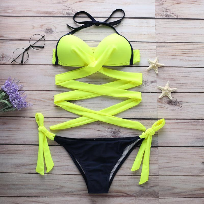 Candy Colored Chest Cross Bra Hard Wrapped Bikini
