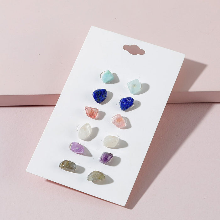 6 Pairs Multi Color Natural Crushed Stone Stud Earrings Set