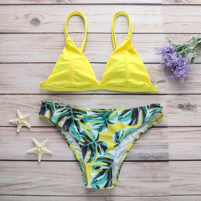 Sexy Green Leaf Printed Beach Split Swimsuit Bikini Swimsuit