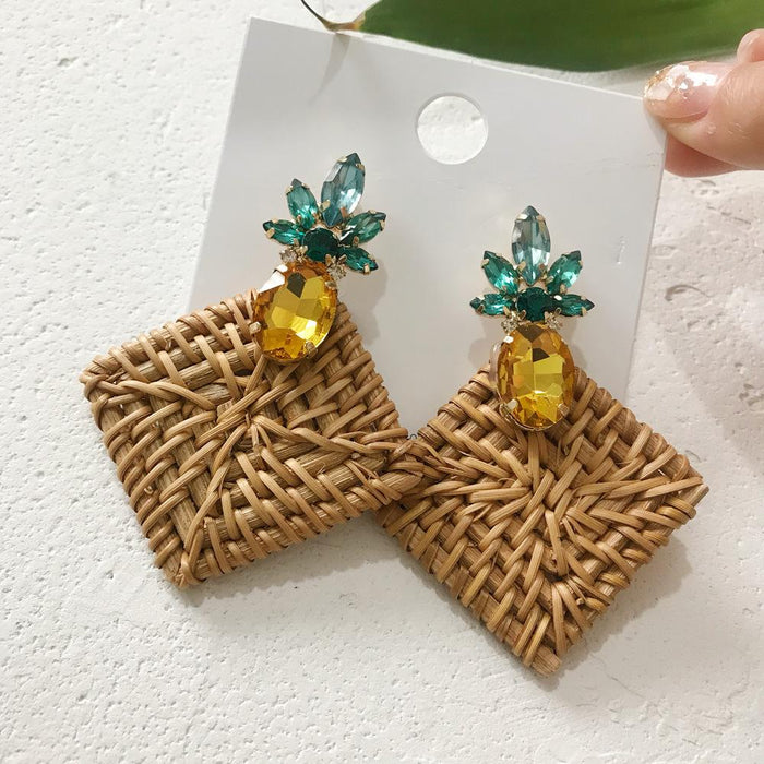 Geometric Round Rhinestone Fruit Pineapple Rattan Earrings