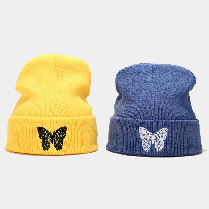 Knitted Beanies Hat Butterfly Embroidery Winter Warm Ski Hats