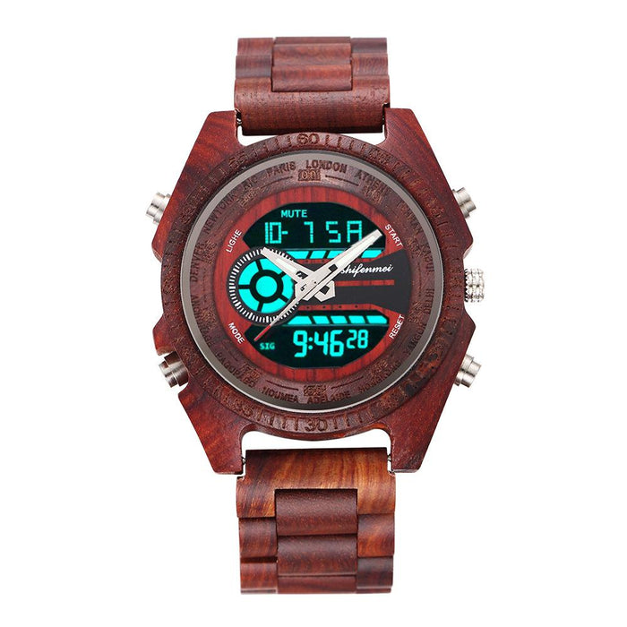 New LCD Dual Display Electronic Outdoor Sports Luminous Wooden Watch