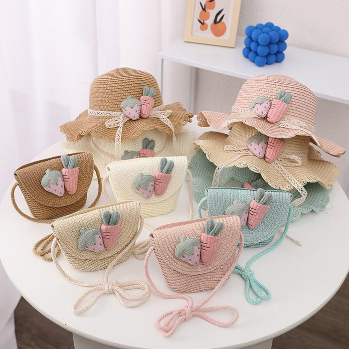 Cute Strawberry Radish Children's Wavy Straw Hat Bag Set