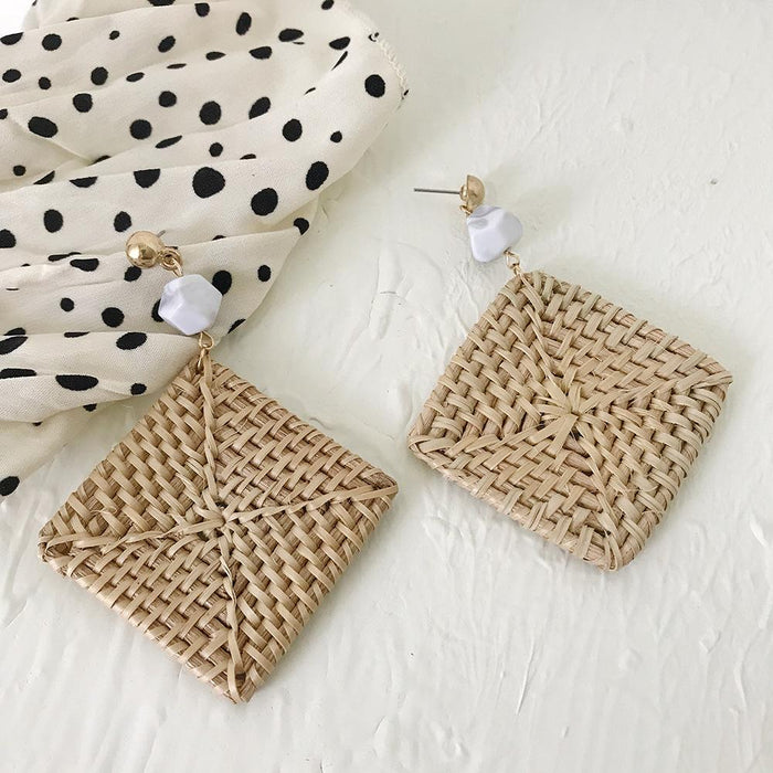 Vintage Exaggerated Geometric Square Rattan Woven Holiday Style Earrings Jewelry