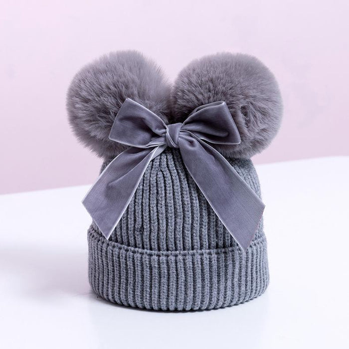 Double Plush Ball Kids Thickened Knit Bow Hat