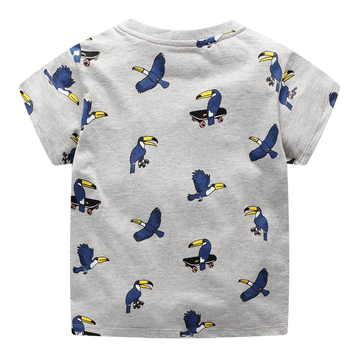 Children's short sleeved excavator embroidered round neck