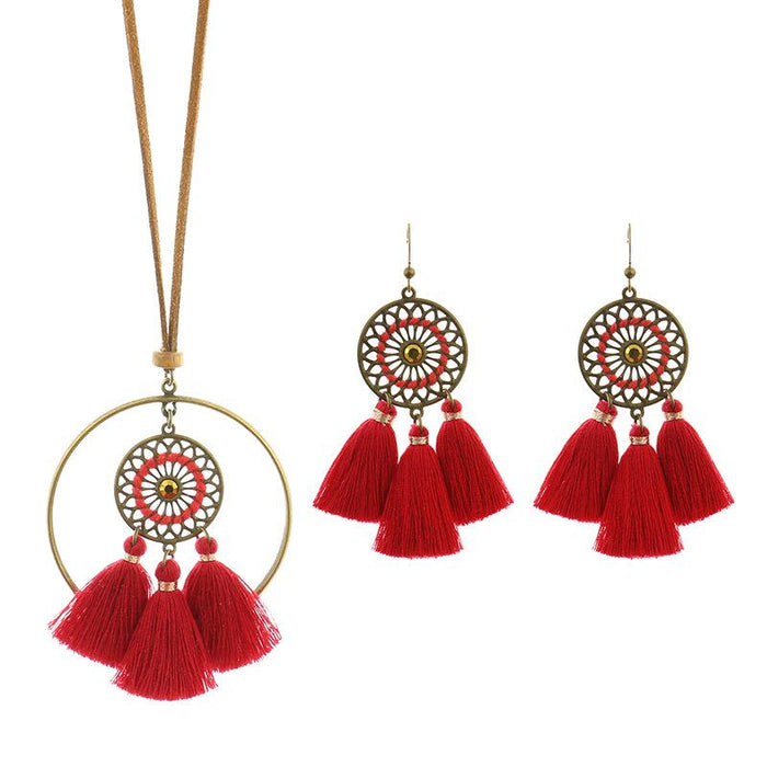 Bohemian Necklace Earring Set Handmade Tassel Hollowed Out Pendant