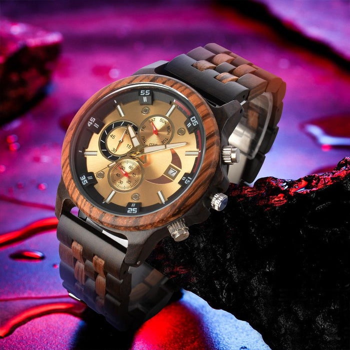 New Men's Business Multifunctional Luminous Wooden Quartz Watch