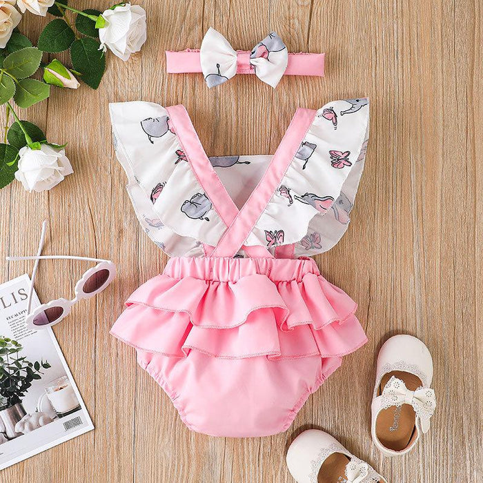 Baby Girls Elephant Print Jumpsuit With Headband