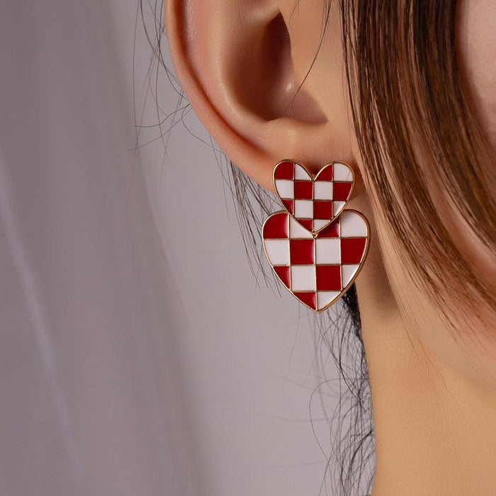 Retro French Checkerboard Oil Dripping Female Earrings