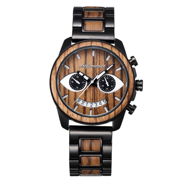 New Men's Wooden Fashion Smiling Face Steel Band Wristwatch