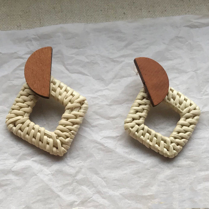 Geometric Circular Bamboo Rattan Woven Wooden Earrings