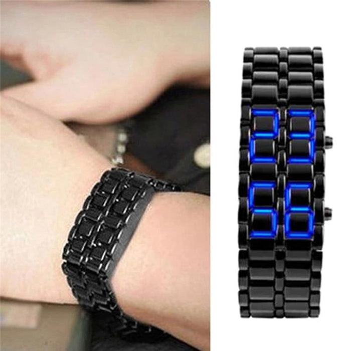 Men Women Lava Iron Samurai Metal LED Faceless Bracelet Watch