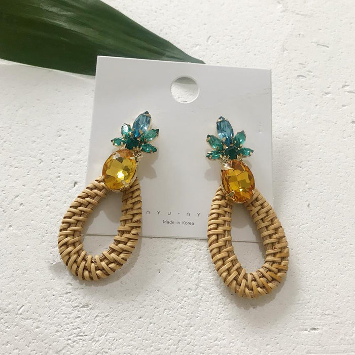 Geometric Round Rhinestone Fruit Pineapple Rattan Earrings