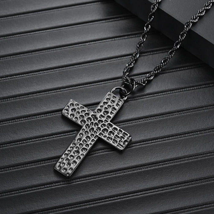 Men's Titanium Steel Hand Hammered Cross Pendant Necklace