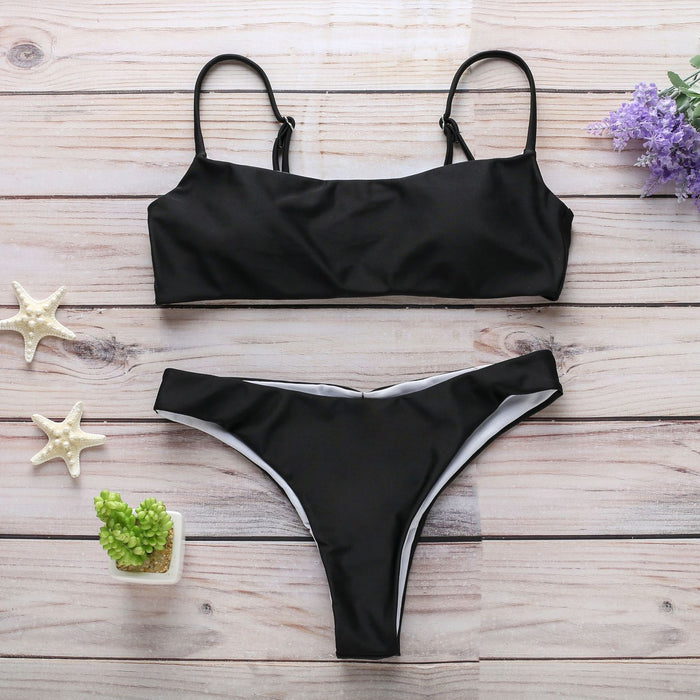 Pop Sexy Backless Split Suspender Solid Bikini Swimsuit