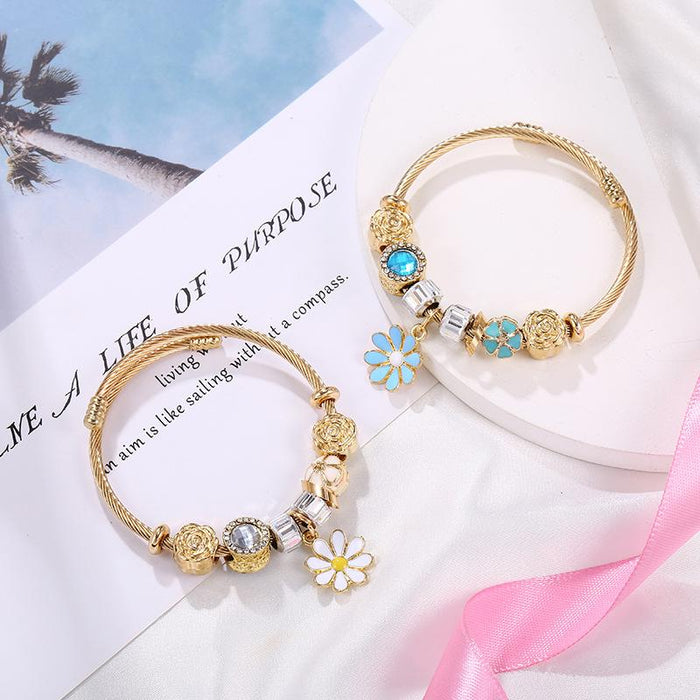 Stainless Steel Star Sunflower Pendant Open Bracelet